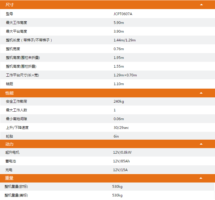 移動(dòng)剪叉式高空作業(yè)平臺JCPT0607A技術(shù)參數(shù)